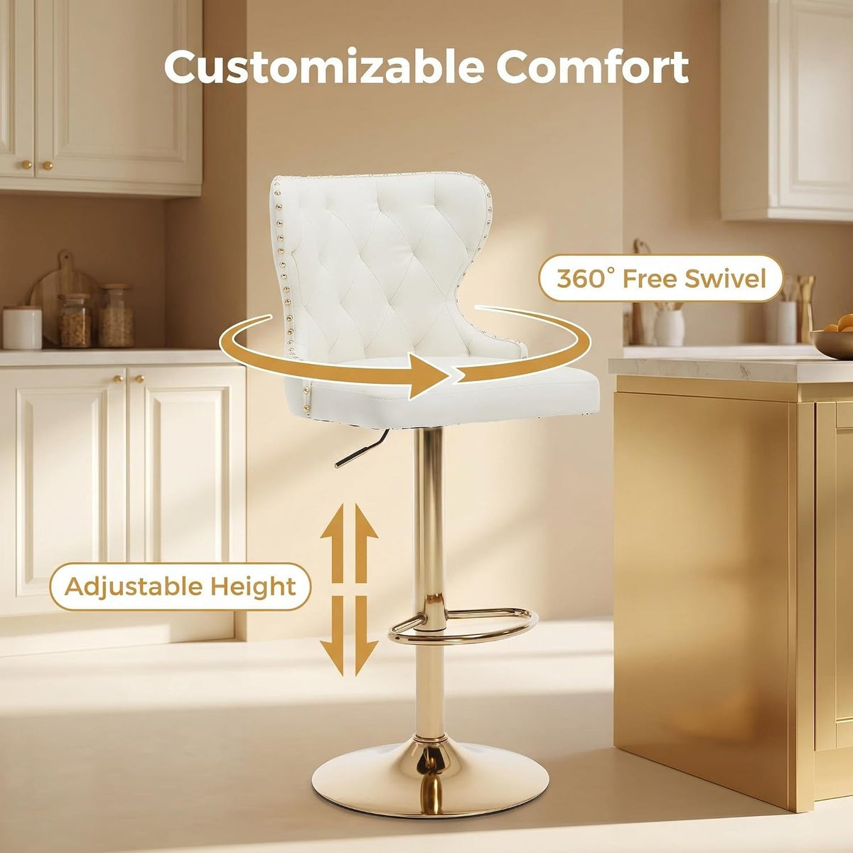 set of 2 adjustable swivel bar stools, faux showing dimensions