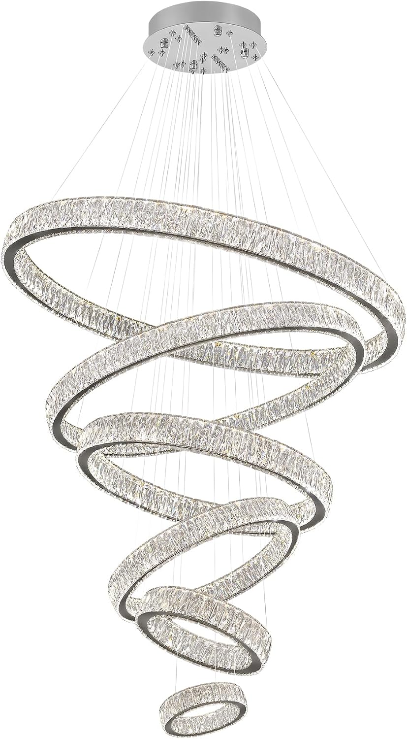Extra Large 6 Ring Crystal Chandelier Modern LED Long Crystal Chandelier for High Ceiling Height Adjustable D8+15.7"+23.6"+31.5"+39.4"+47.5" Dimmable 2700K-6000K