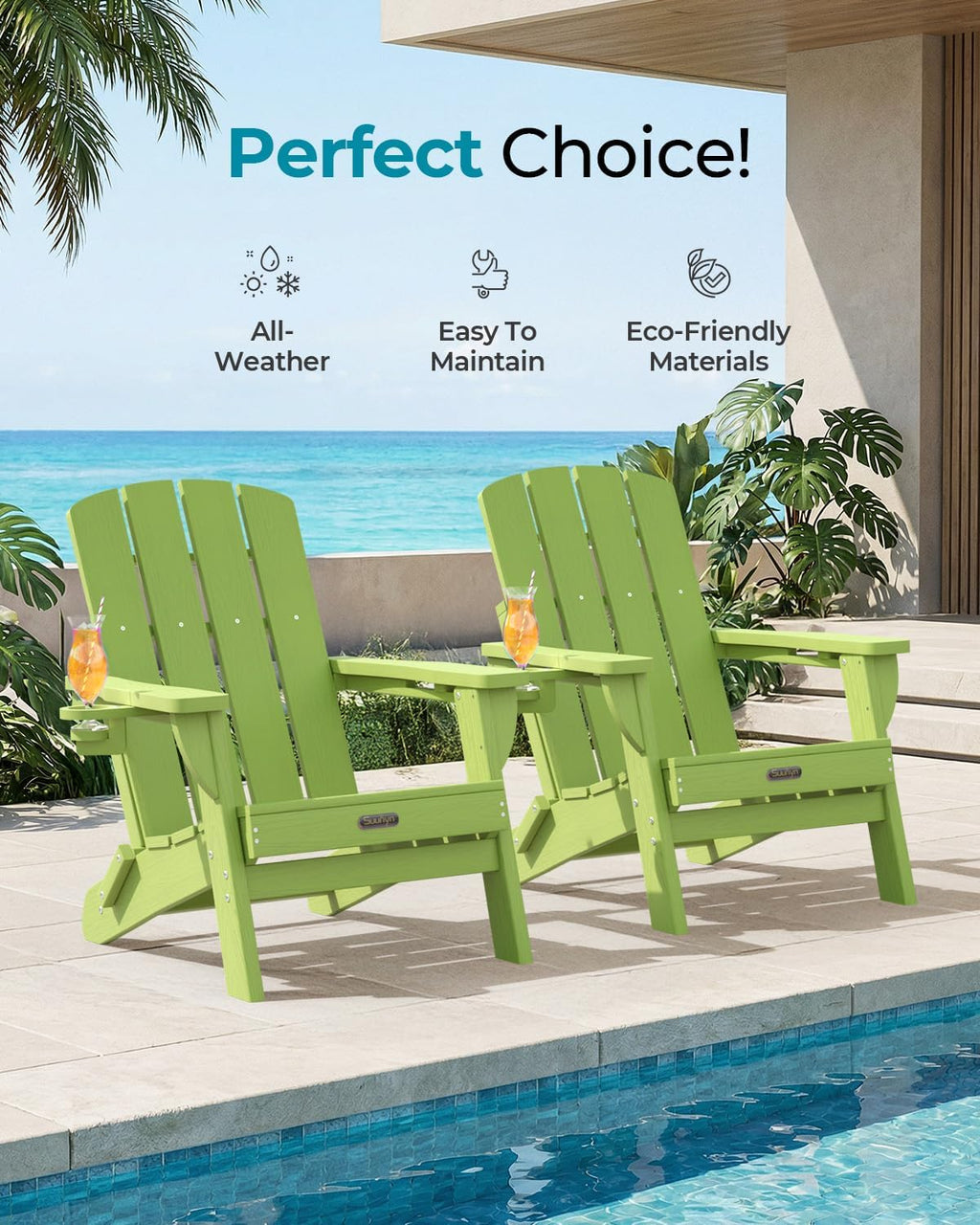 Folding Adirondack Chairs Set of 4, HDPE, 2 Cup Holders, Lime