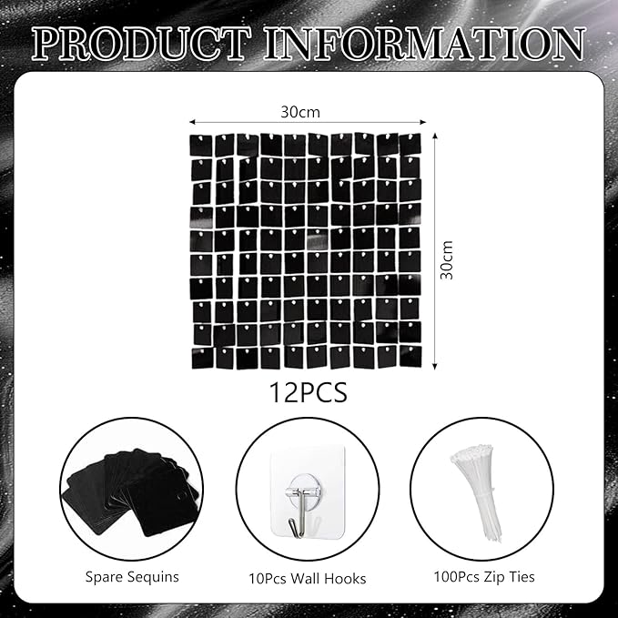 12PCS Black Shimmer Wall Backdrop, Square Sequin Photo Backdrops Panel, Glitter Wall Background for Birthdays, Weddings, Halloween, Engagements, Disco Bachelorette Party Decoration (3FTx4FT)