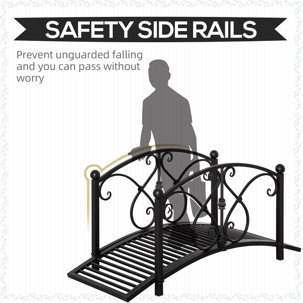 Outsunny 3.3FT Metal Arch Zen Garden Bridge with Safety Siderails Black