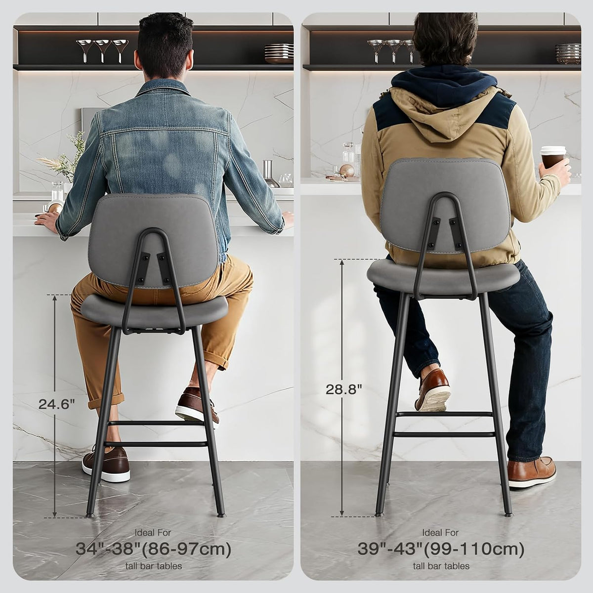 Raynesys 29-Inch Leather Bar Stools Set of 3 with High Backrest, Grey