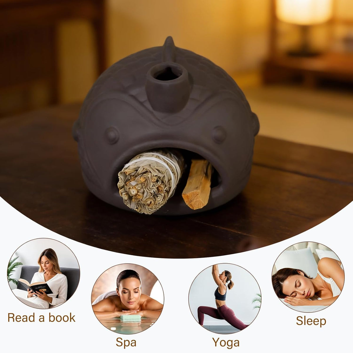 Black Fish-Shaped Palo Santo Holder, Decorative Sage Burner with Chimney
