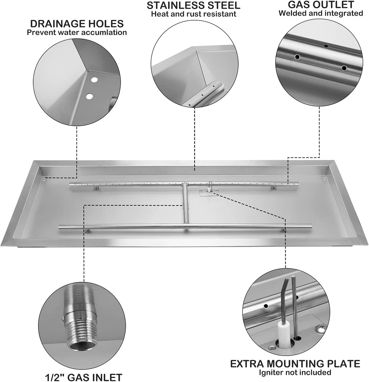 Stanbroil 48 x 14 Inch Rectangle Drop-in Fire Pit H-Burner Pan