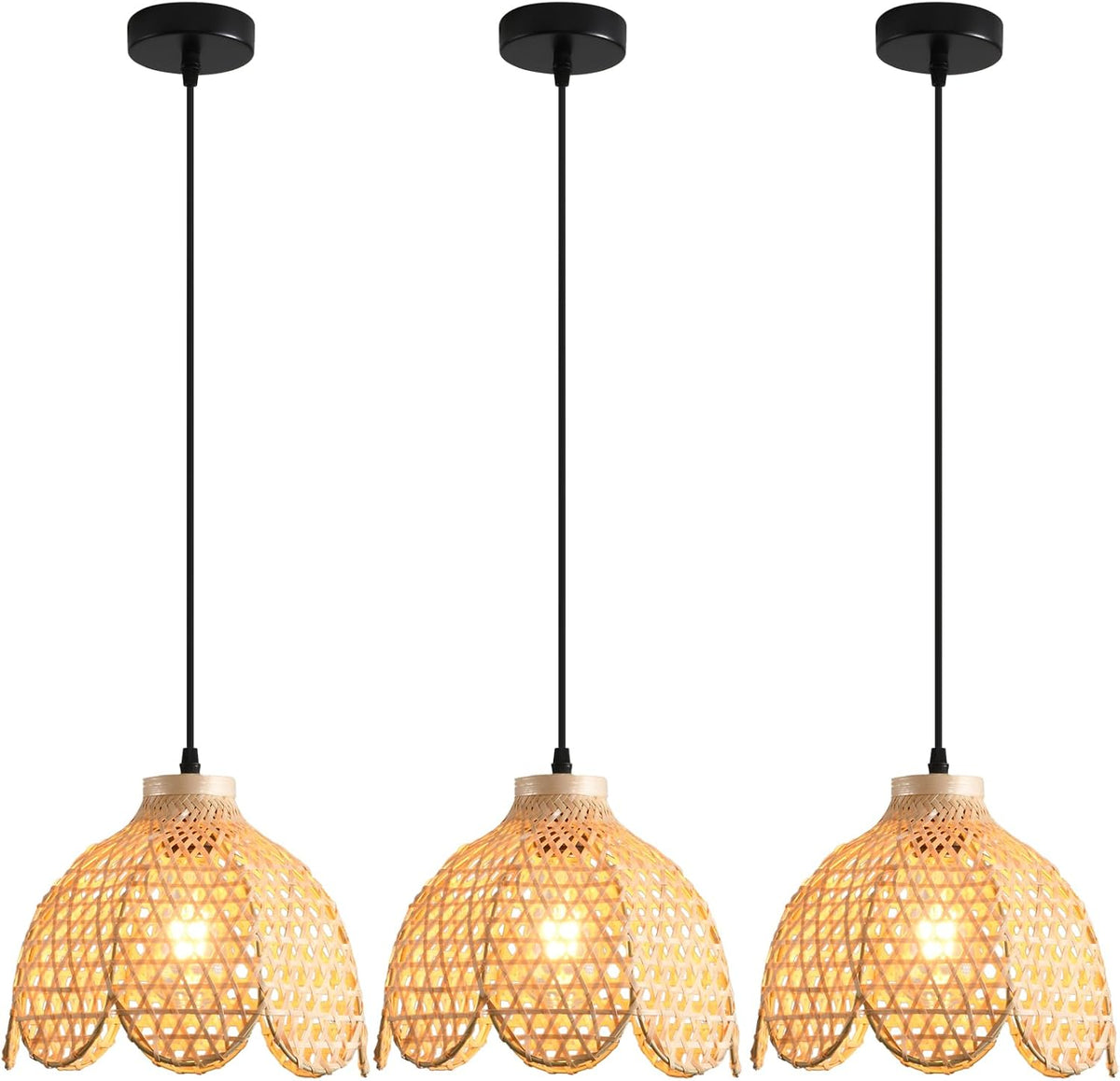3-Pack Bamboo Pendant Light Mini Rattan Chandelier