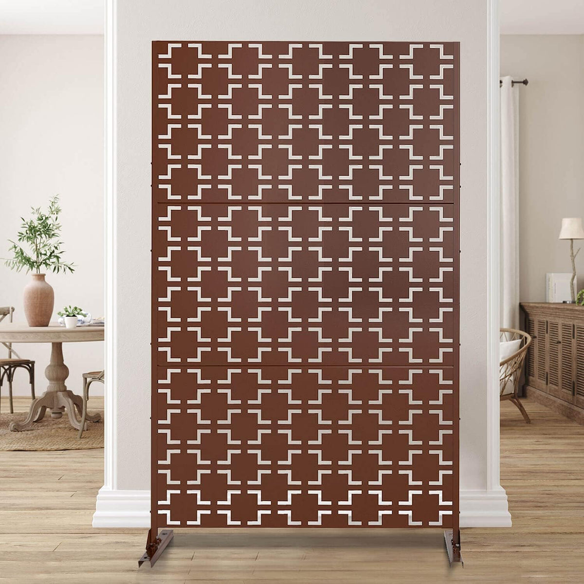Elevens Patio Privacy Screen Balcony Decorative Screen Set with Stand, Outdoor Decor Privacy Fence Screen, Indoor Room Decorative Divider (Square-Brown)