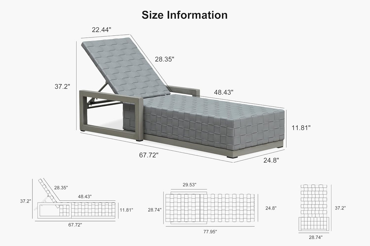 PURPLE LEAF Patio Lounge Chair Set of 2 PU Leather Adjustable Backrest Grey