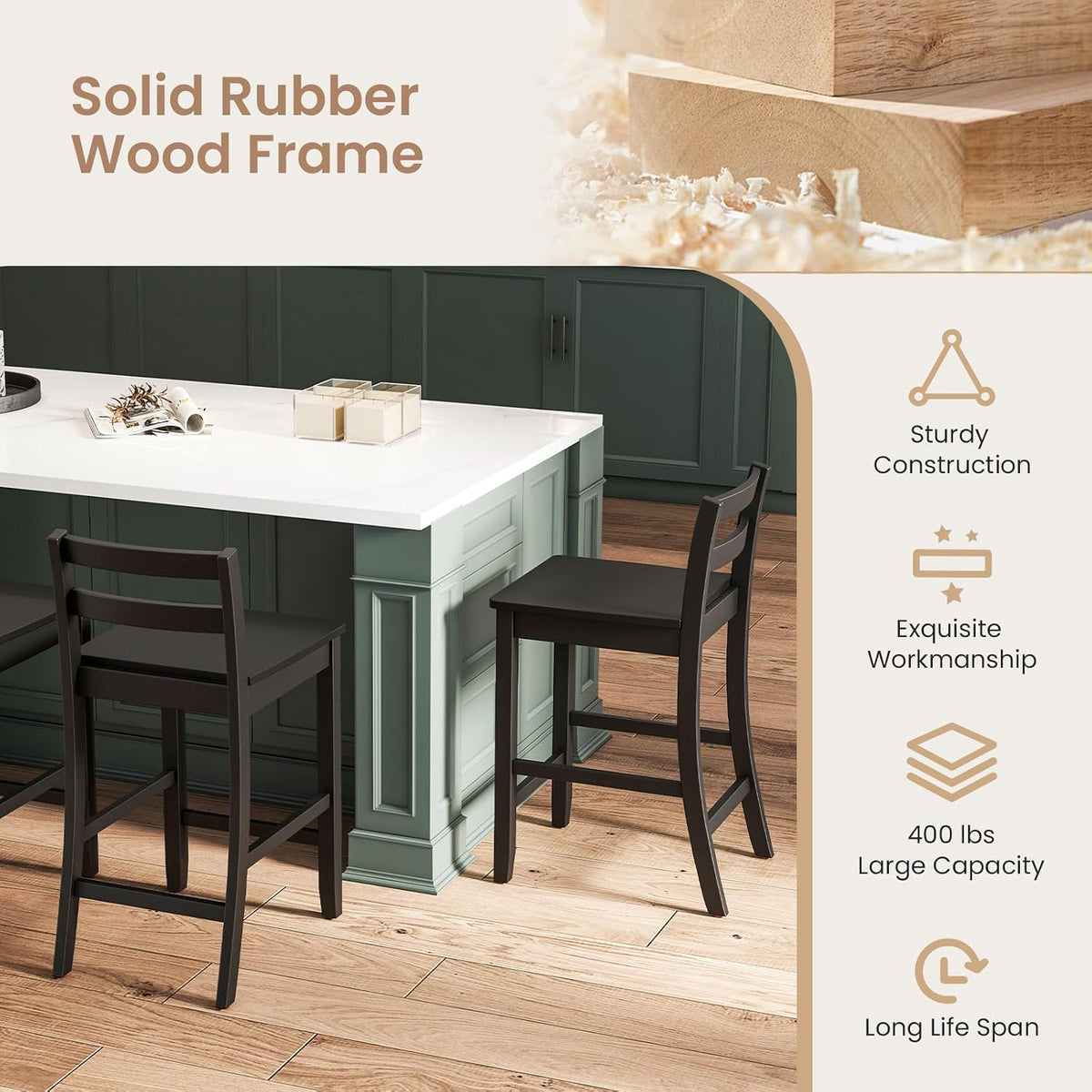 COSTWAY 24-Inch Wooden Counter Height Bar Stools Set of 2 with Low Backrest