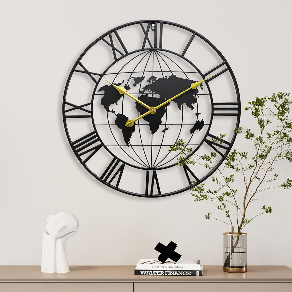 Large World Map Wall Clock,Metal Minimalist Decorative Modern Clock