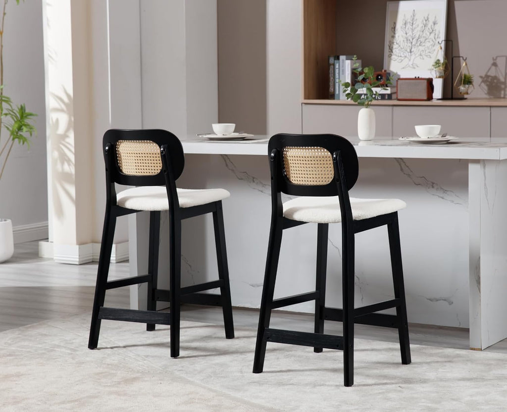 Shunzhi Rattan Counter Height Bar Stools Set of 2, Upholstered Sherpa Barstools with Woven Back, Boho Black Wood Farmhouse Bar Chairs for Pub/Home Bar/Kitchen Island, Cream White