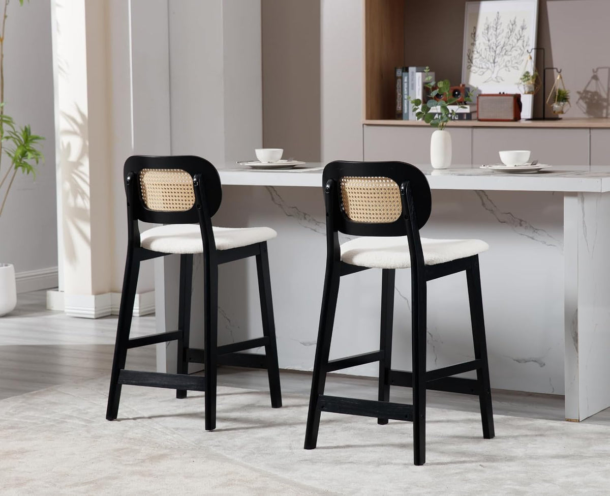 Shunzhi Rattan Counter Height Bar Stools Set of 2, Upholstered Sherpa Barstools with Woven Back, Boho Black Wood Farmhouse Bar Chairs for Pub/Home Bar/Kitchen Island, Cream White