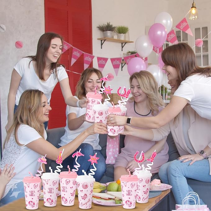 Yungyan 36 Sets Pink Cowgirl Party Favors Goodie Cups with Lids and Straws for Halloween Party Decorations Reusable 16oz Plastic Candy Cups Plastic Straws for Birthday Gift(Pink Cowgirl)