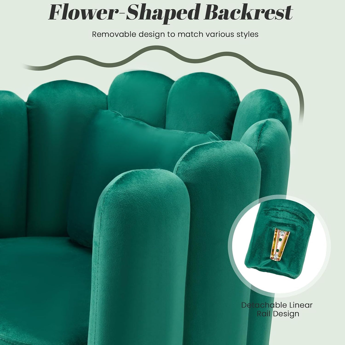 HOMREST Velvet Vanity Chair with Back,Mid-Century Modern Small Accent Chair for Living Room,Petal Backrest Decorative Chair,Pillow & Metal Legs-Plush Lounge Chair for Vanity,Living Room,Bedroom-Green
