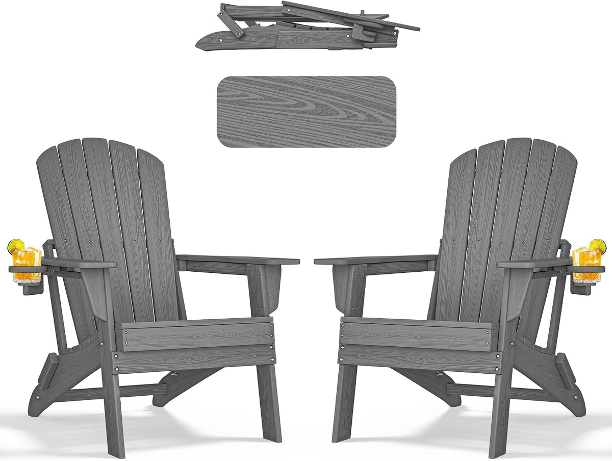 nevilywood Folding Adirondack Chairs Set of 2, HDPE Cup Holders, Grey