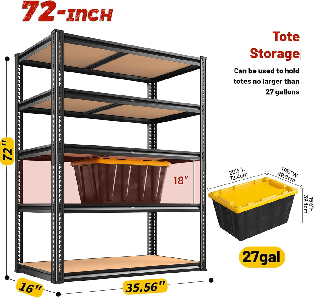 ROOMFAVE Garage Shelving Heavy Duty, 5 Tier,72" H x 35.56" W x 16" D Black