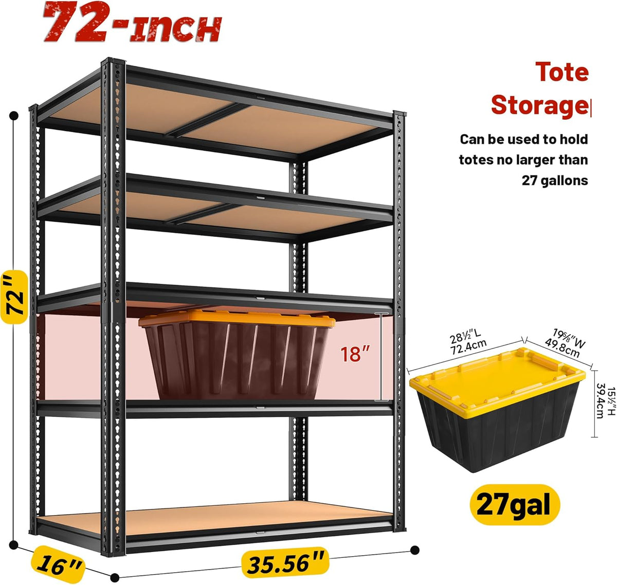 ROOMFAVE Garage Shelving Heavy Duty, 5 Tier,72" H x 35.56" W x 16" D Black