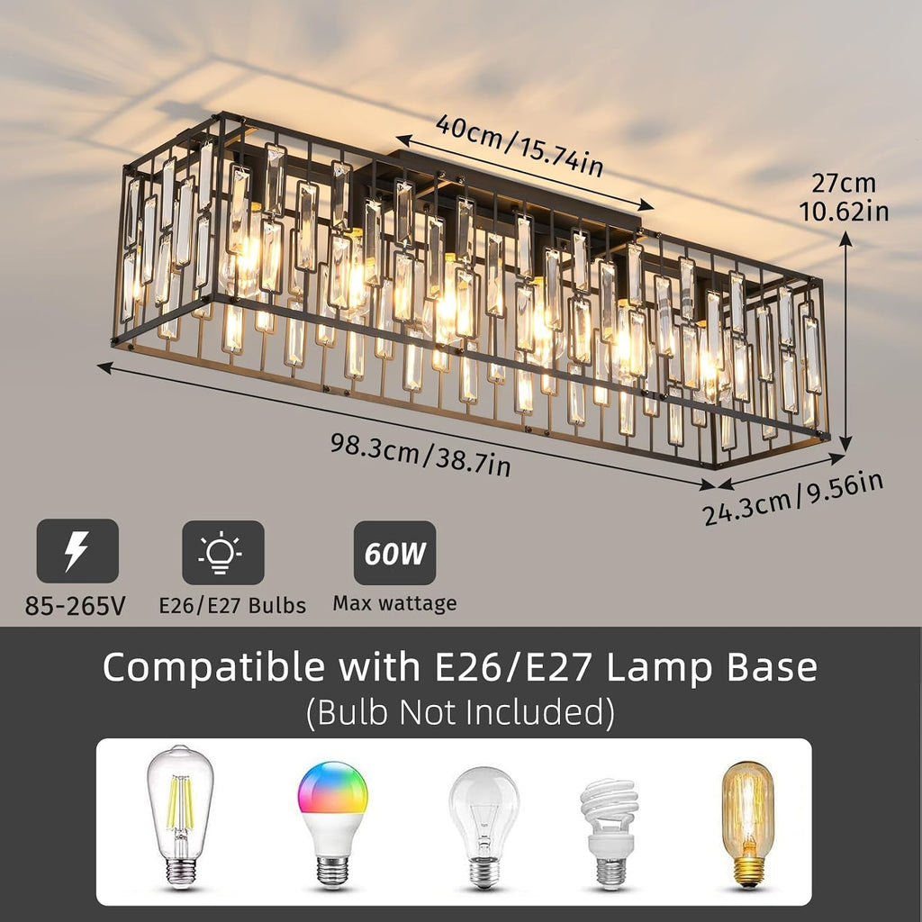 Garwarm 38.7 Inch Crystal Chandelier, 6-Light Black Rectangle Ceiling Light