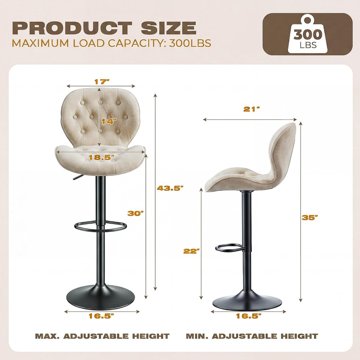 GRUSIGN Bar Stools Set of 2, Modern Swivel Adjustable Bar Chairs, Chenille Fabric Upholstered Counter Height Bar Stools with Backrest, Comfort Barstools for Kitchen Island, Home Bar, Khaki