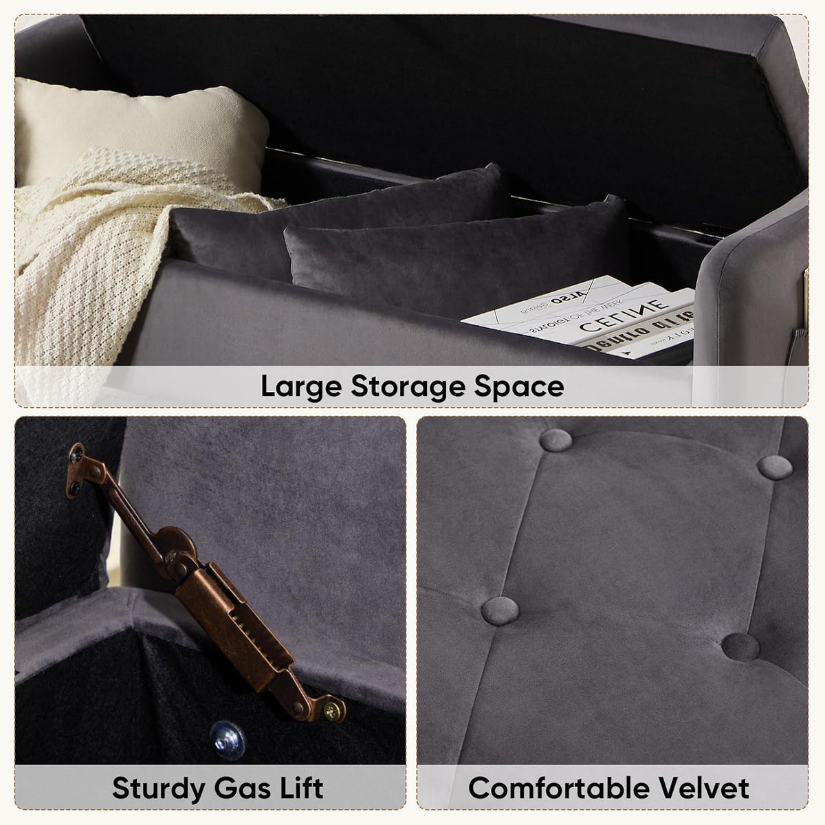 48" End of Bed Bench, Modern Storage Bench for Bedroom Dark Grey