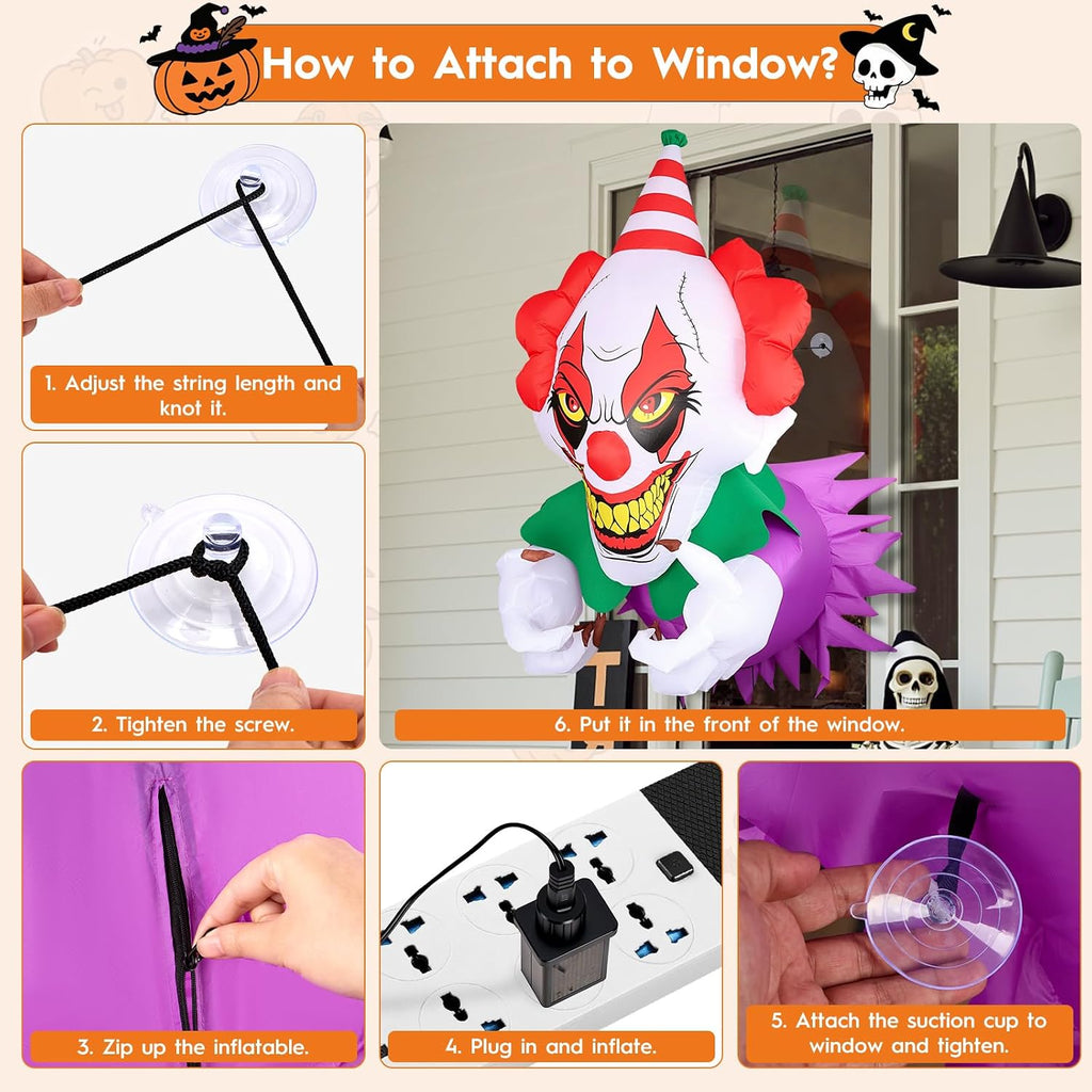 3.9 Ft Halloween Inflatables Scary Clown Broke Out from Window, Halloween Blow Up Clown with Build-in LED Lights, Halloween Decorations Window for Outdoor, Indoor Party