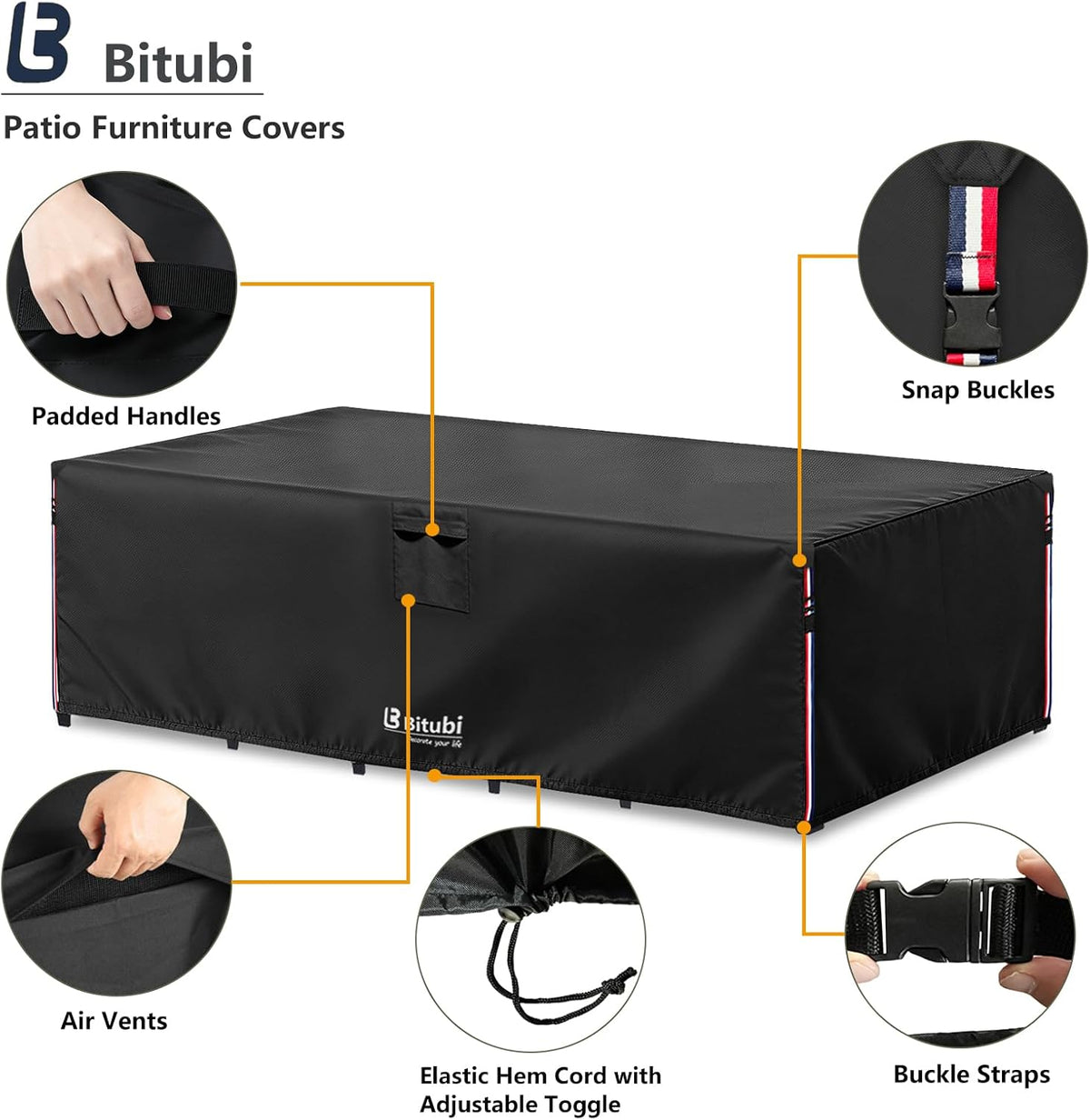 Bitubi Rectangular Patio Table Cover - Heavy Duty 600D Tough Canvas Waterproof Outdoor Dining Table and Chairs Universal Furniture Cover Size 126L x 74W x 28H inch, Black