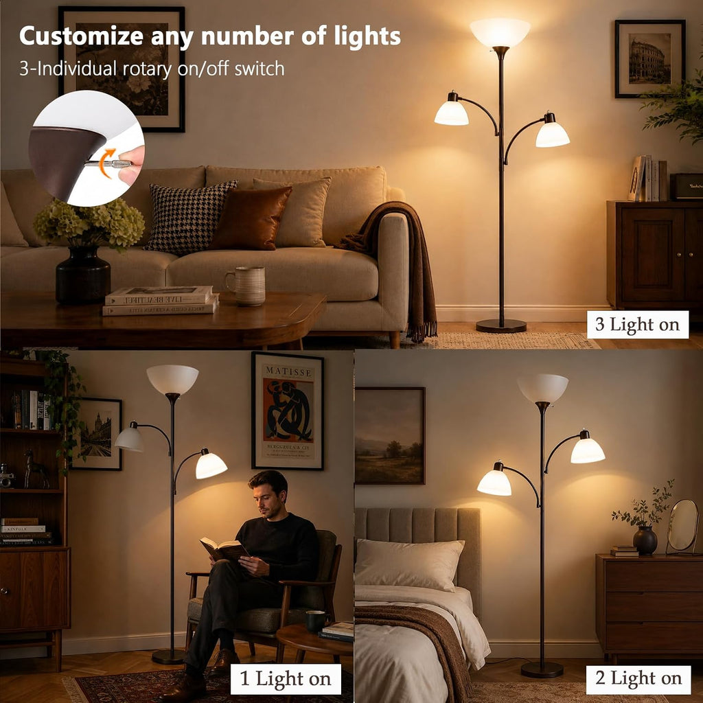 3-Head Torchiere Floor Lamps with 2 Reading Lamp for Living Room-Brown