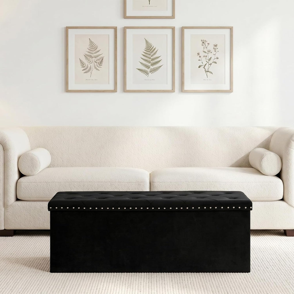 PINPLUS Folding Storage Ottoman Bench, Black Velvet