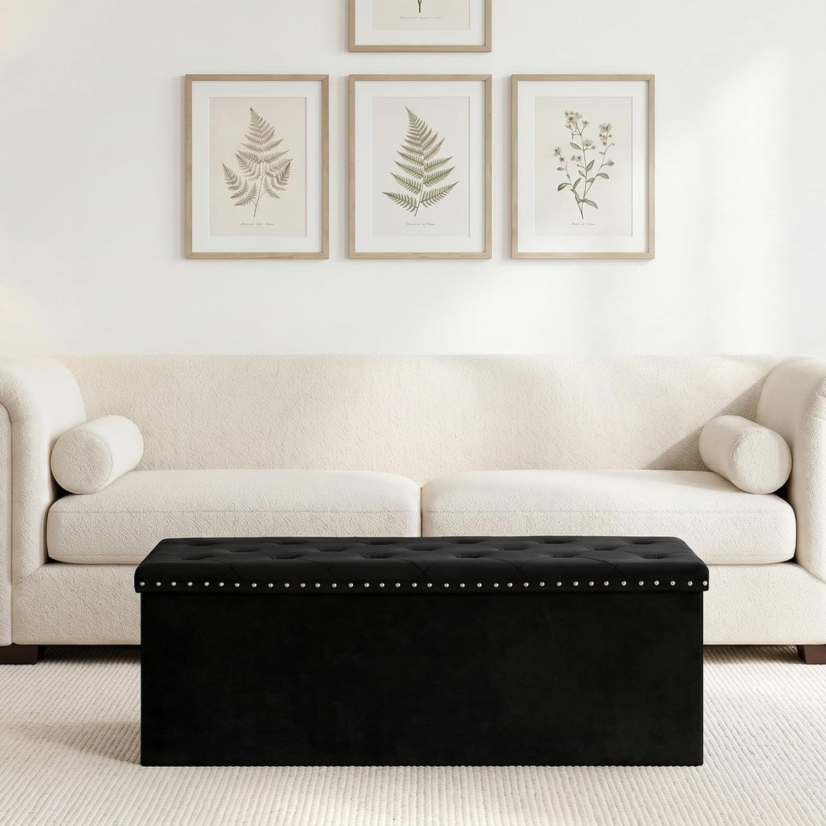 PINPLUS Folding Storage Ottoman Bench, Black Velvet
