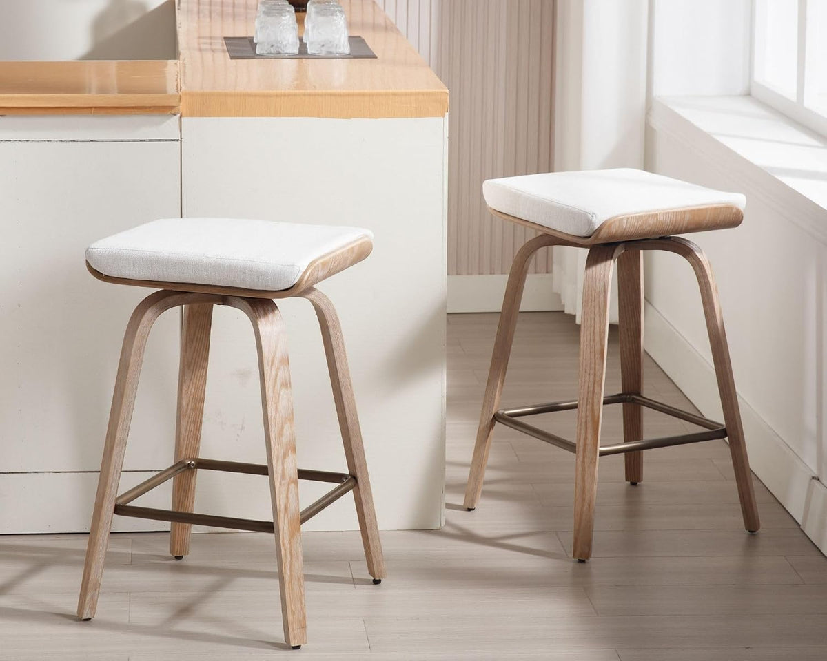 HNY 26" Swivel Bar Stools Set of 2, Backless Counter Height Bar Stools with Removable Linen Cushion, 360° Swivel Wooden Saddle Stools with Footrest for Kitchen Island, Home Bar & Small Spaces