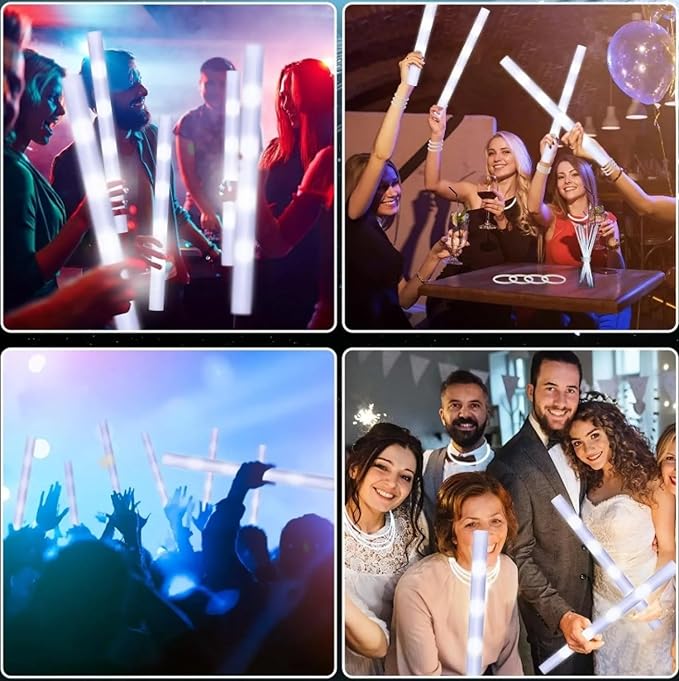 Glow Foam Sticks Bulk, 24 Pcs White Giant LED Light Up Sticks 3 Modes Flashing Glowing Baton Wands Party Supplies for Wedding, Raves,Concert,Birthday,Christmas, Halloween,Sporting Events