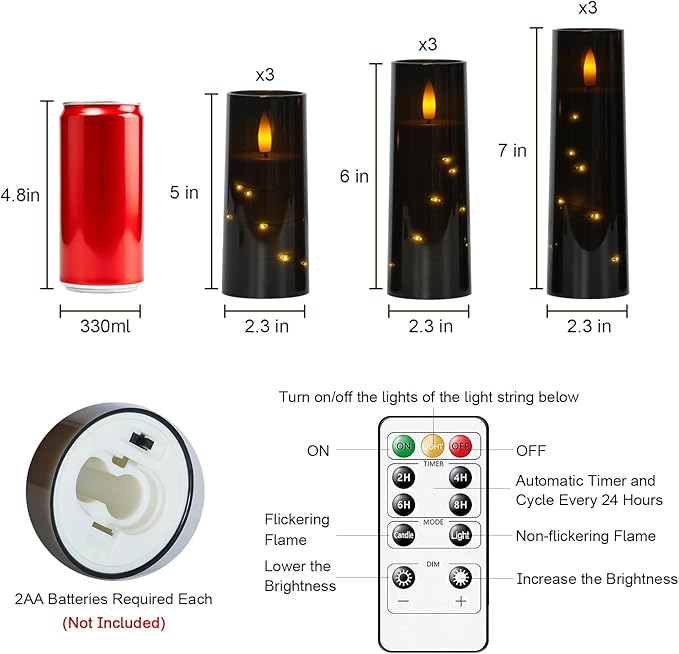 Raycare Flameless Candle with Remote Timer – 9 Flickering Acrylic Battery Operated LED Pillar Candles with Embedded Star String for Halloween, Home Decor, and as a Gift (Black) (9 Pcs)