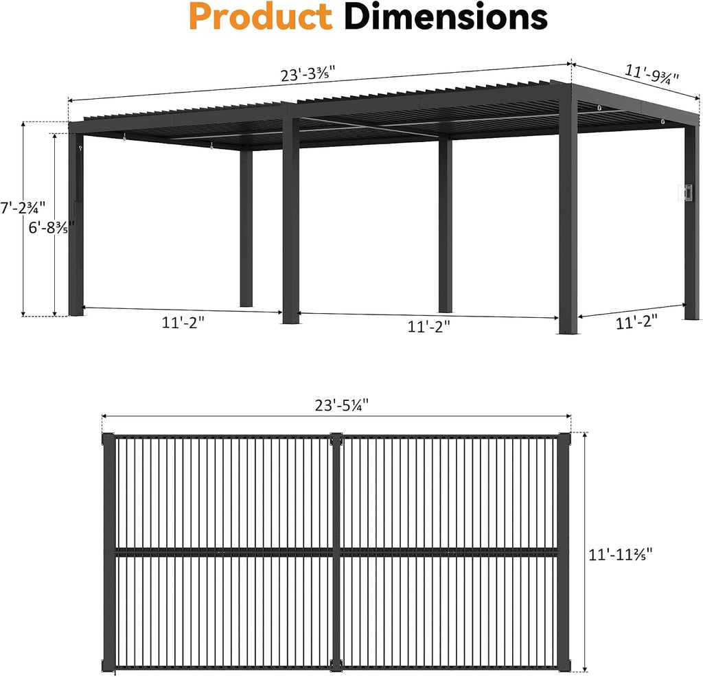 Modern Shade Pergola 12'x24' with USB Power Strip & Net and Curtain, Black