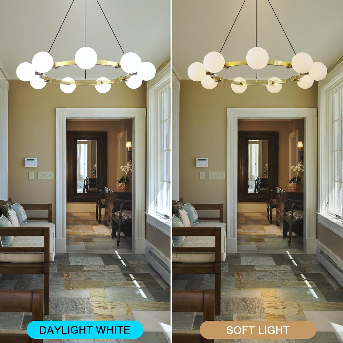 9-light brass sputnik chandeliers, white globe ceiling light showing dimensions