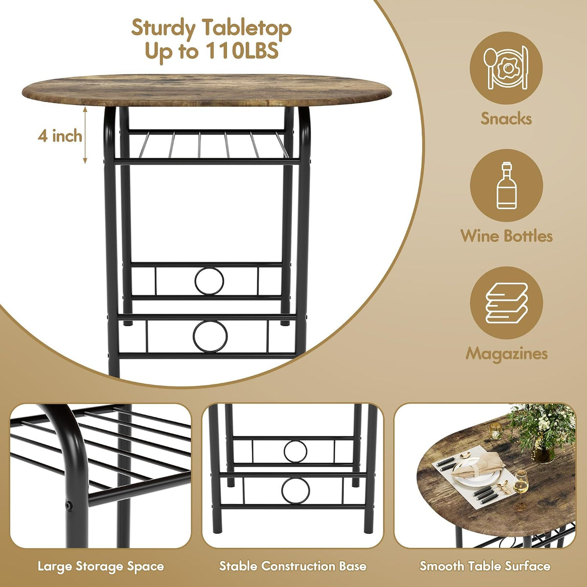 Flamaker Dining Table for 2, 3 Piece Round Table & Chair Set, Walnut