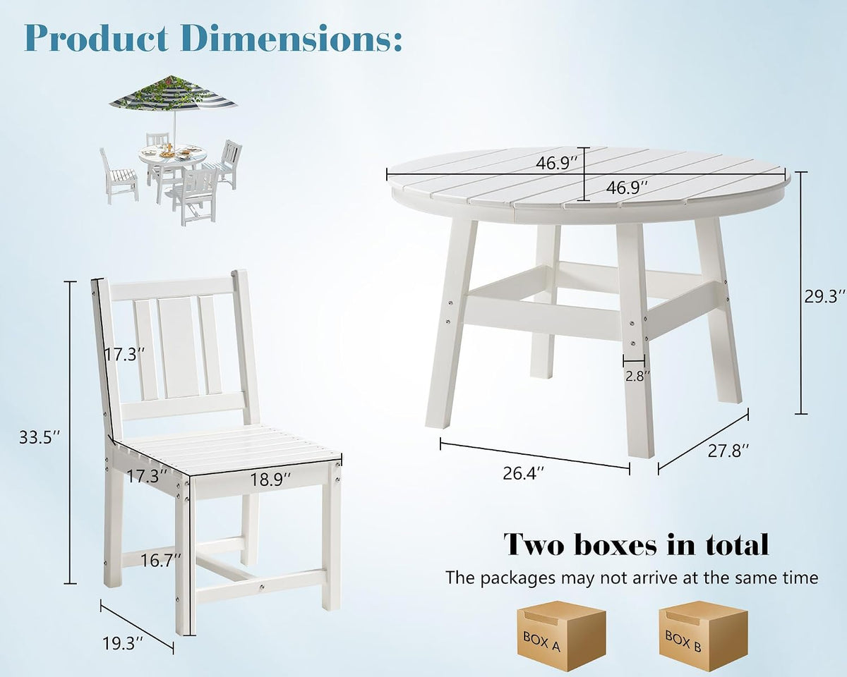 AMERLIFE 5 Piece HDPE Patio Dining Table Set with Chairs, White