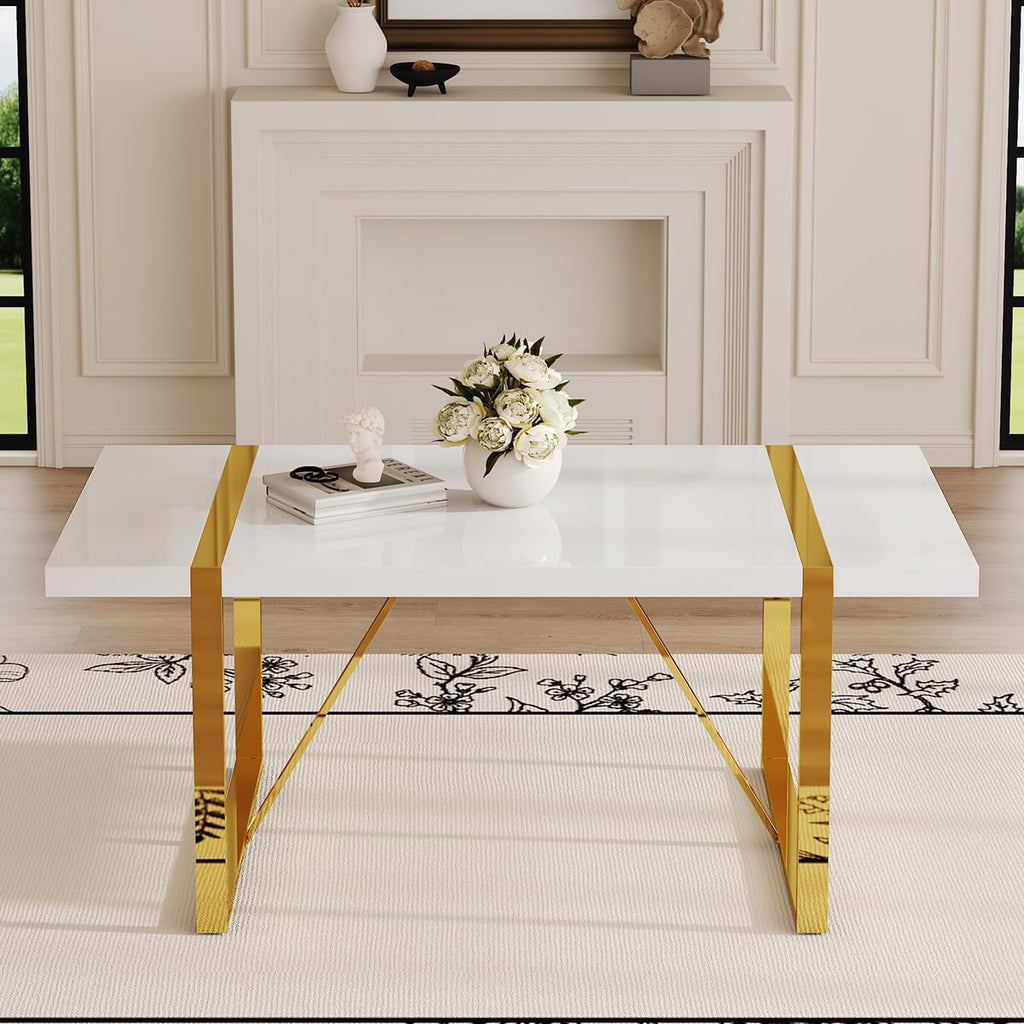Ebullient 71“ White Dining Table, Modern Dining Room Table for 6-8, Kitchen Table with MDF Top and Gold Stainless Steels Legs, Rectangular Dining Table for Home Living Room