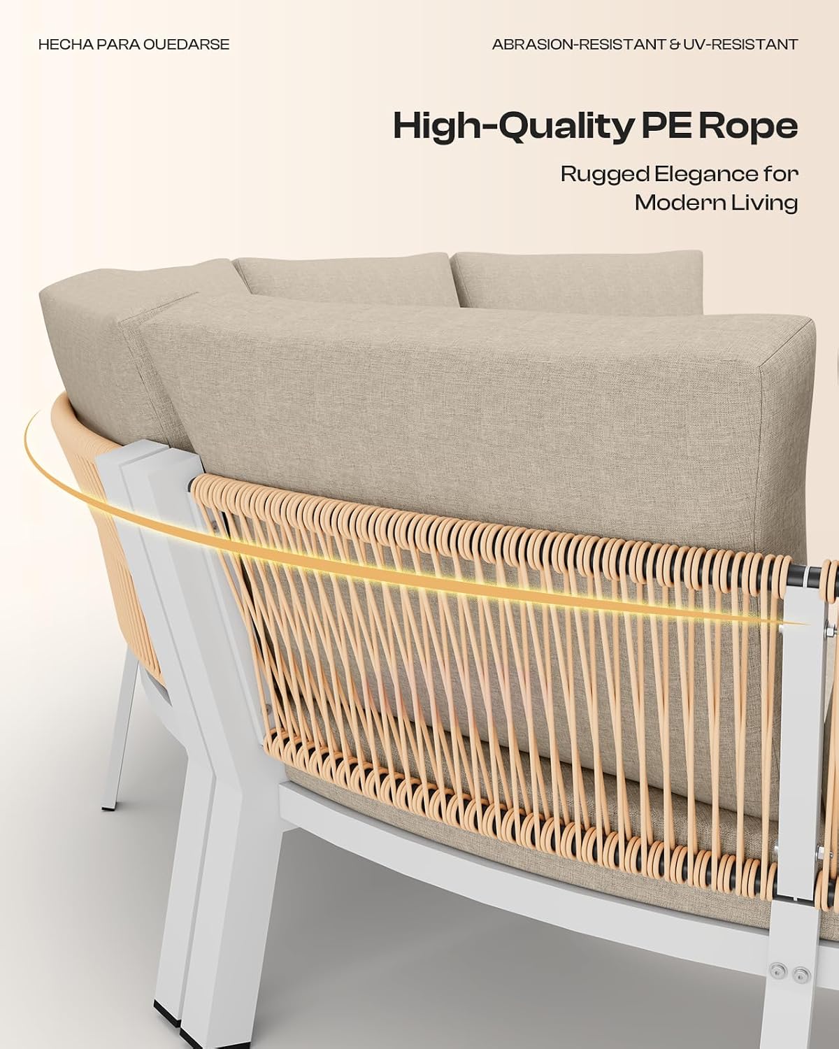 Luxury Patio Furniture Set for 5 People, 4-Piece Curved Patio Conversation Sets with Woven Rope & Modular Coffee Table, Half Moon Outdoor Furnitrue Set for Deck, Garden, White