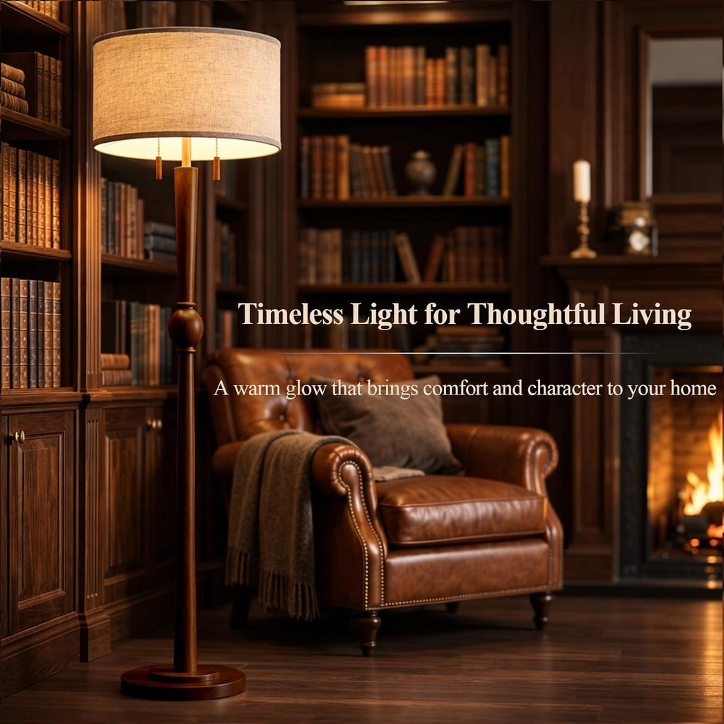 MOFFE Solid Wood Floor Lamp for Living Room with Wooden Pull Chains