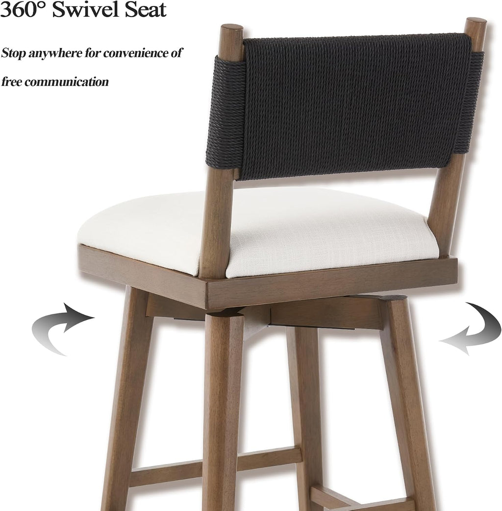 Swivel Counter Stools Set of 4, Linen Fabric Upholstered Kitchen Stool Chairs with Woven Rope Back and Solid Wood Legs, Rustic Armless Barstools 26" for Patio/Balcony, Black Rope