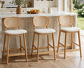 Shunzhi Rattan Bar Stools Set of 3, Upholstered Farmhouse Barstools with Woven Back, Boho Wood Kitchen Island Chairs, Comfy Counter Height Bar Chairs for Pub/Home Bar, Cream Faux Fur