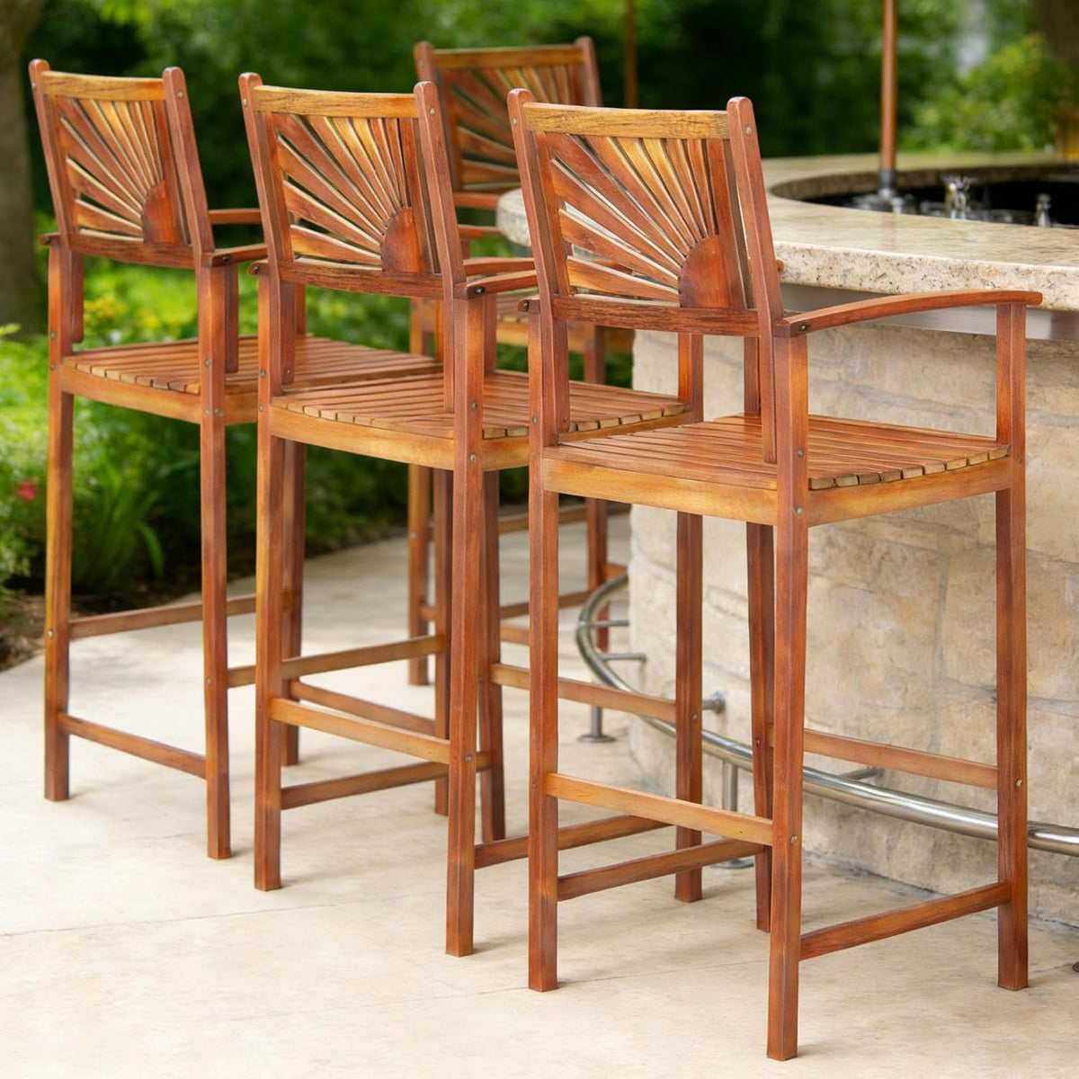 COSTWAY 29'' Outdoor Acacia Wood Bar Chairs Set of 4 with Back and Armrest