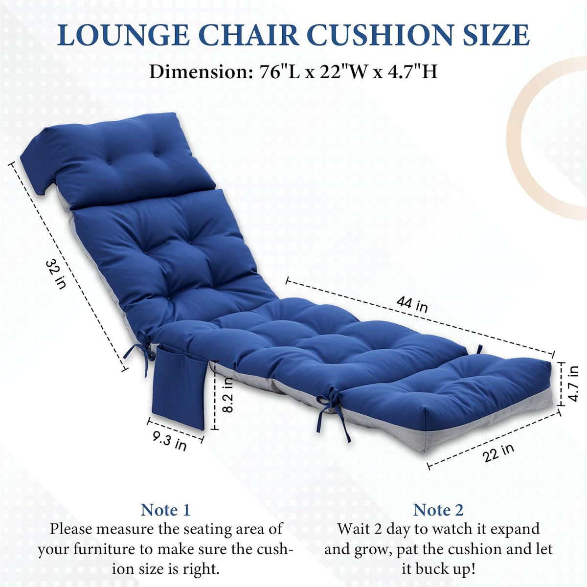 Outdoor Chaise Lounge Chair Cushion, 76"x22"x4.7", Dark Blue