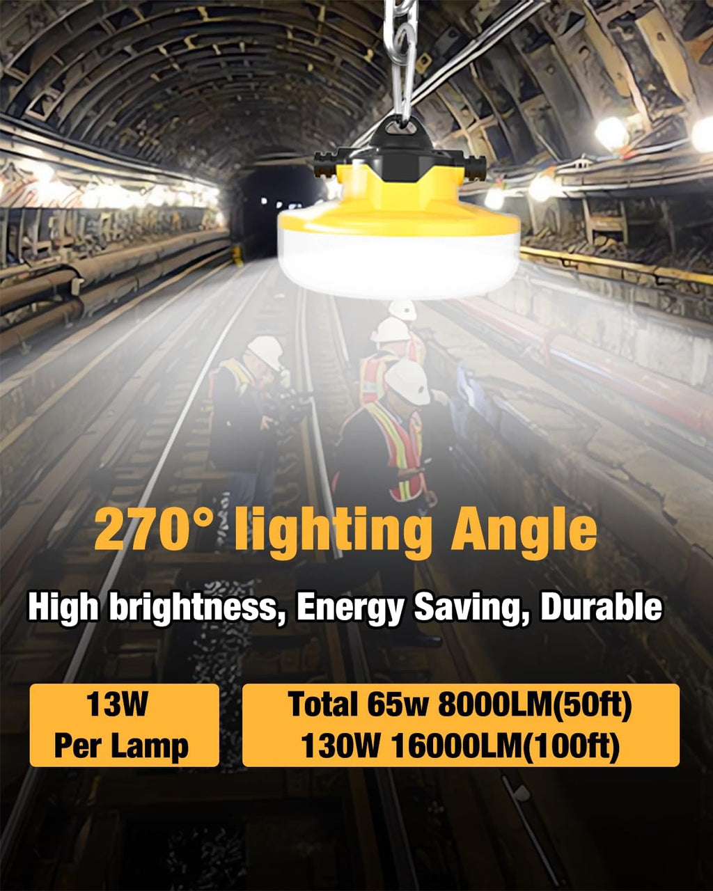 LED Construction String Light 100FT, 130W 16000Lm Industrial LED String Work Lights with 10 Bulbs, Linkable 5000K Super Bright Temporary Lighting for Construction Site, Job Site, Work Site