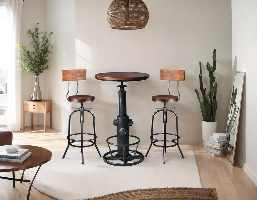 LOKKHAN 3-Piece Bar Table (38.6"-48.4") & 2 Backrest Stools (26"-32") Set for Pub Kitchen Dining Living Party Bistro Breakfast, Swivel Top, Height Adjustable, Most Weld, Space-Saving