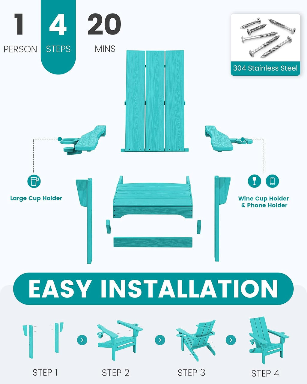 SERWALL Modern Folding Adirondack Chairs Set of 2, HDPE, Cup Holders, Teal
