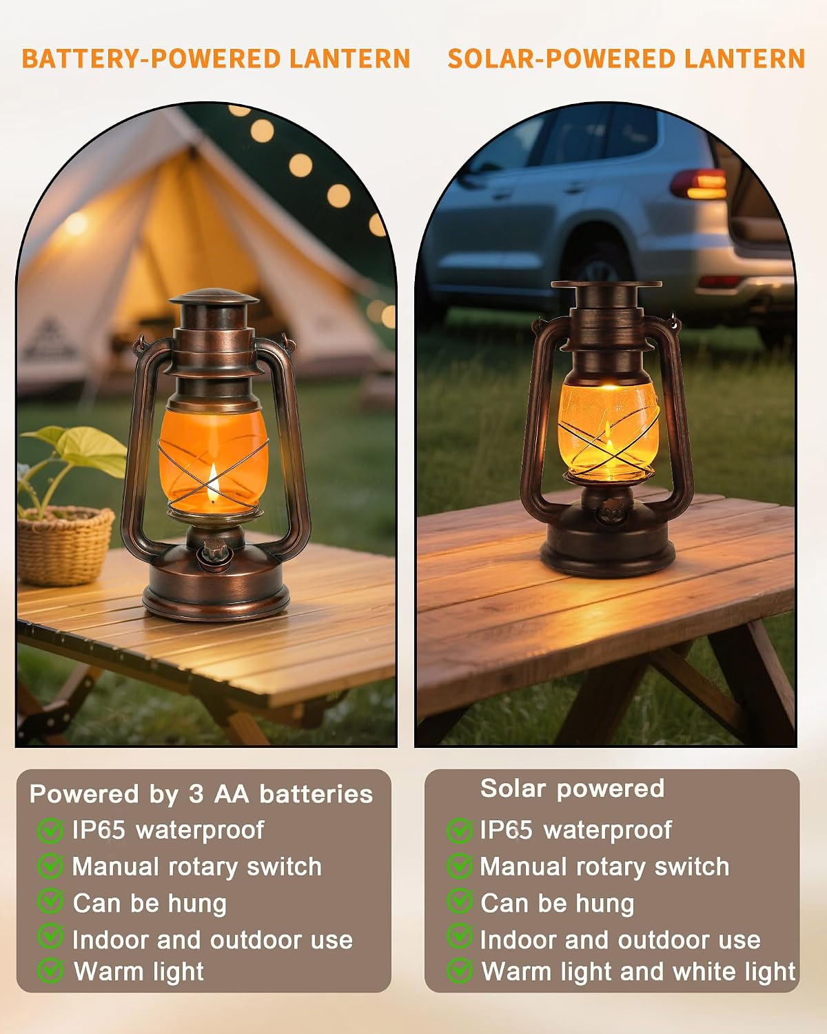 2 Pack Battery Operated Vintage Hanging Lanterns, IP65 Waterproof