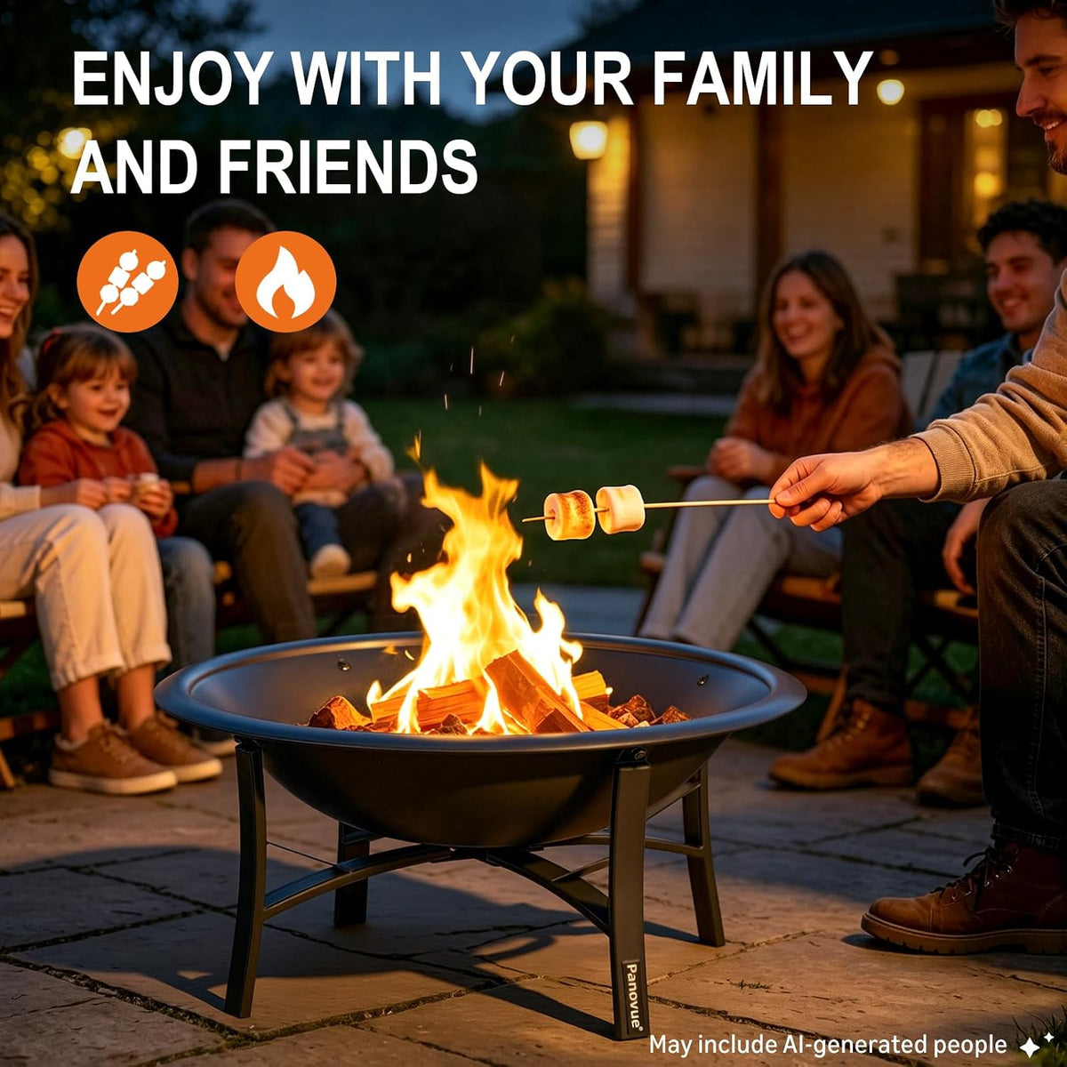Panovue 22 Inch Fire Pit with Spark Screen, Firewood Grate and Poker