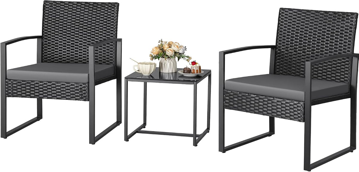 Greesum 3 Piece Wicker Conversation Bistro Sets Outdoor Patio Set(Grey)