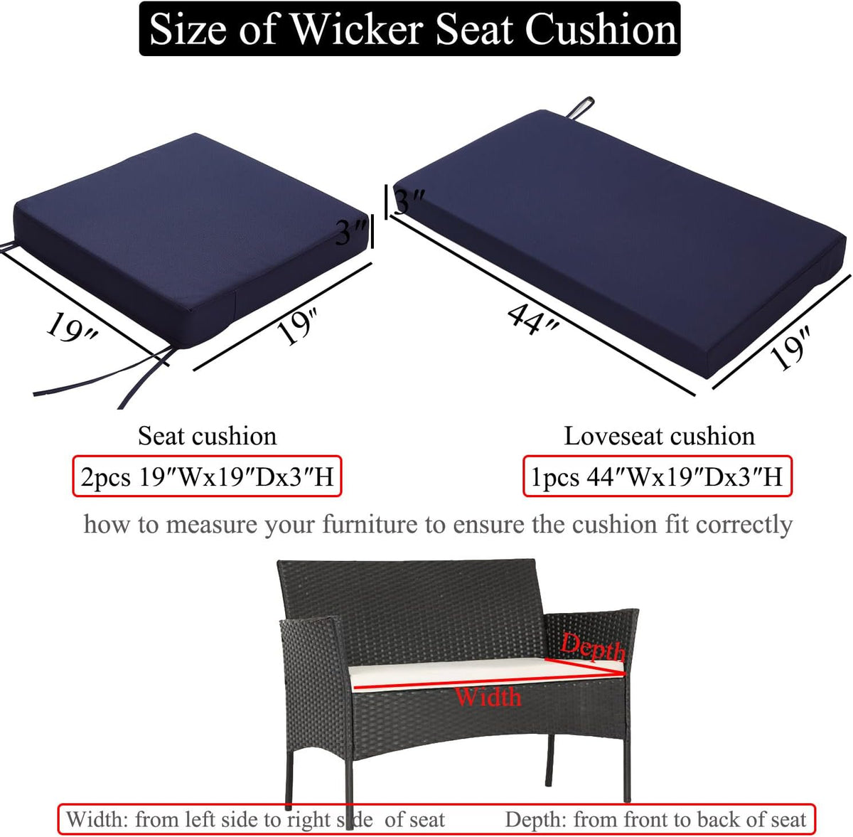 3 Piece Patio Furniture Cushions Replacement Waterproof Outdoor Chair and Bench Cushion Set UV Resistant Wicker Loveseat Cushions 44x19 Inch