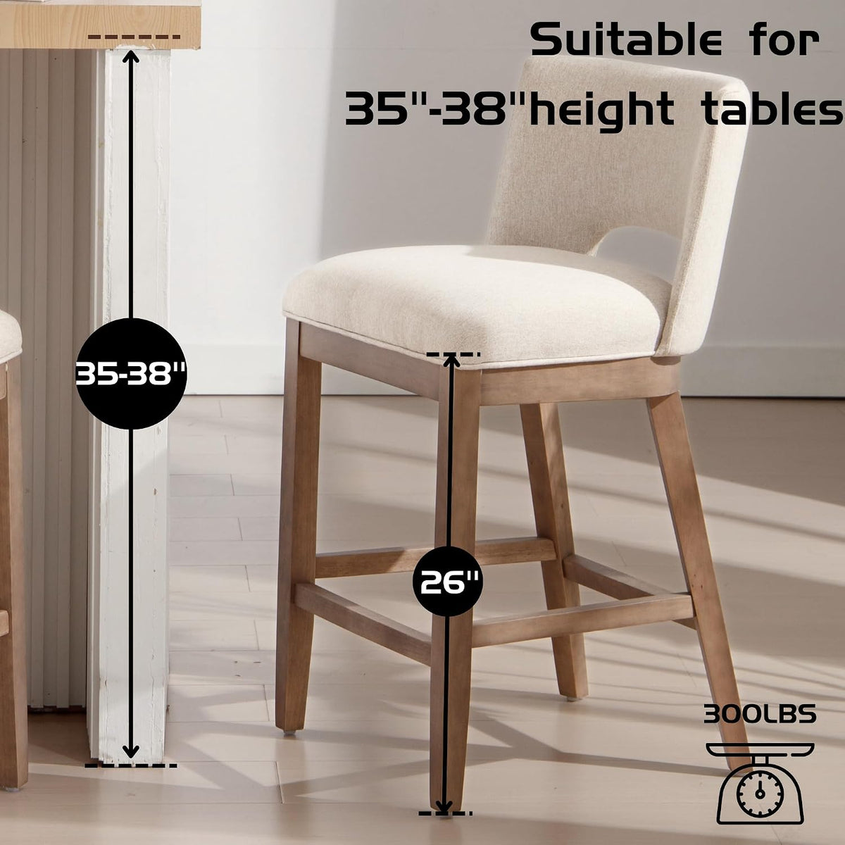 Farmhouse Bar Stools Set of 4, 26" Counter Height Barstools, Linen Upholstered Barstools with Open Back for Kitchen Island/Breakfast Bar/Home Pub, Beige